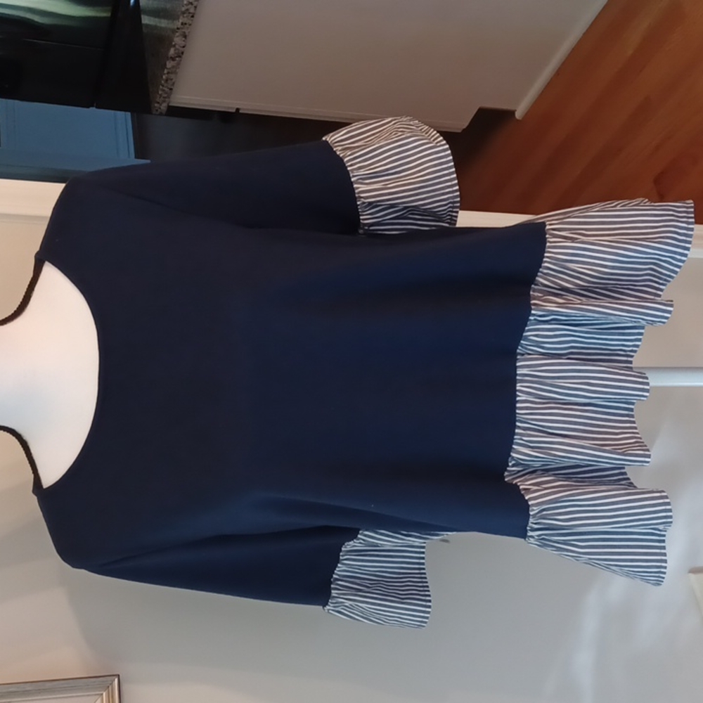 Pleione Navy & White Stripe Peplum Ruffle Top M